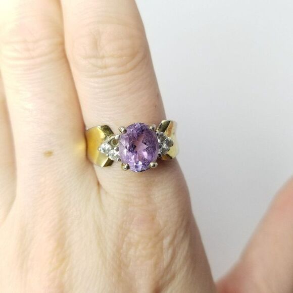 Vintage Sterling Silver Purple Rhinestone Gold Overlay Ring, Size 7, Estate - Picture 2 of 10